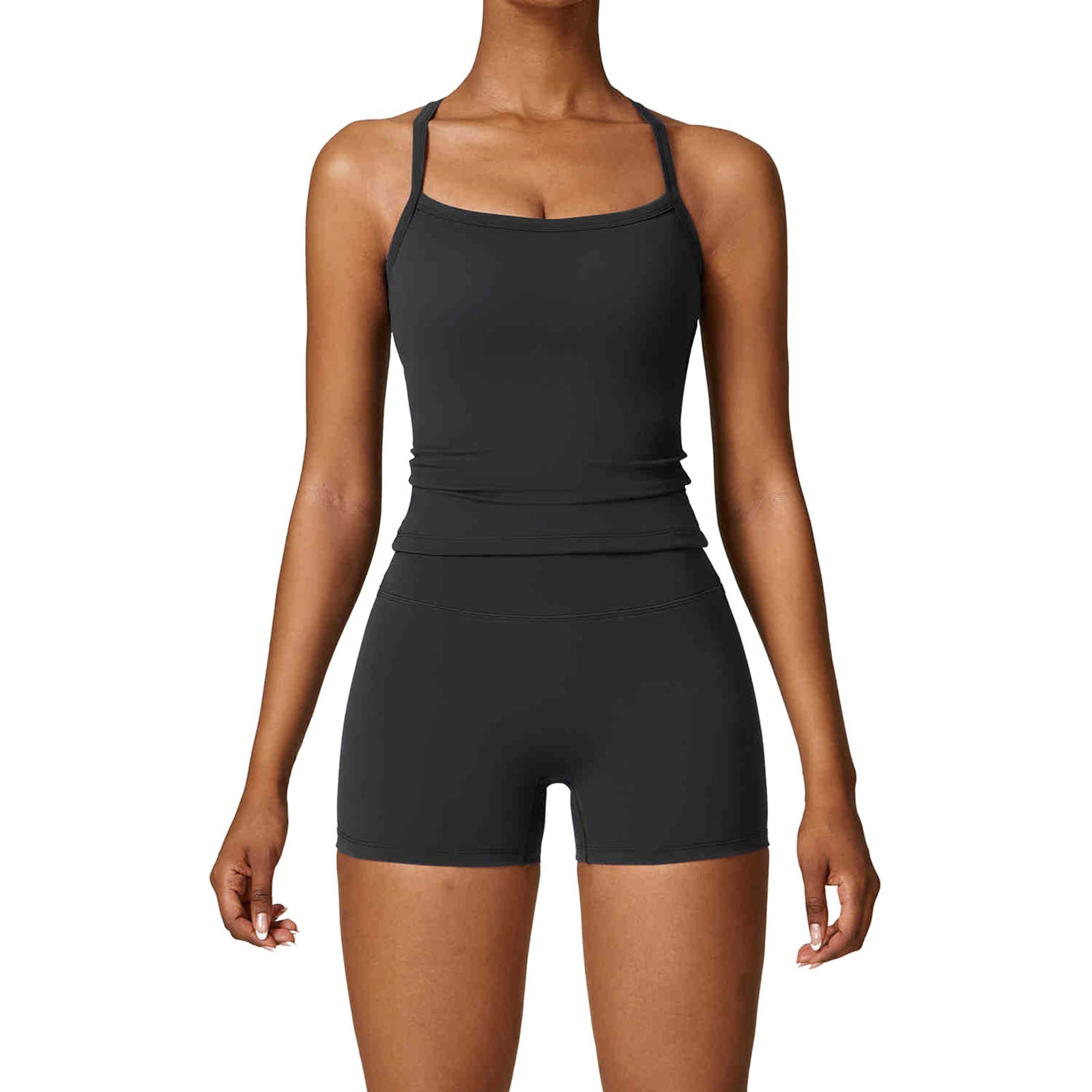 thumbnail image 1 of Conjunto de yoga de 2 piezas para mujer: camiseta sin mangas con espalda descubierta y pantalones cortos. Tejido transpirable, tirantes modernos, ideal para fitness/verano, varias tallas., 1 of 7